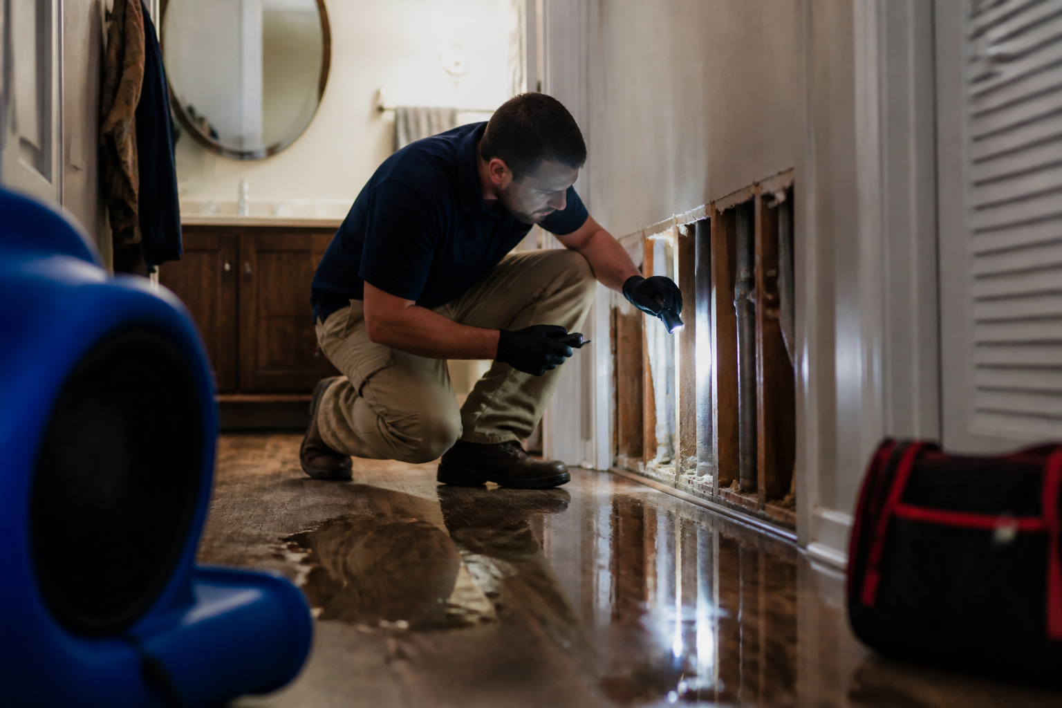 What do water damage restorers check first after a pipe burst at night