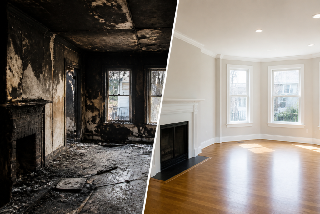 How long should a fire damage restoration service take after a house fire?