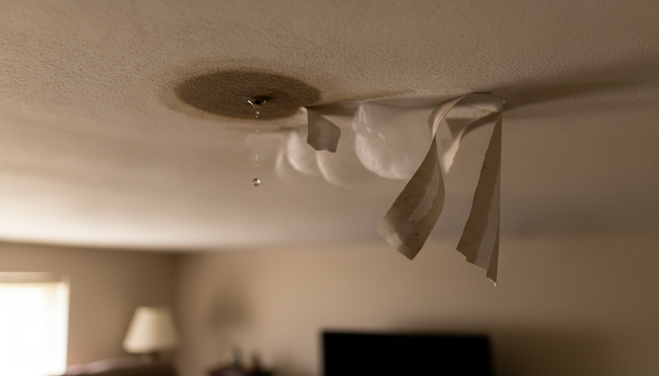 A close-up view of a ceiling exhibiting signs of water damage, focusing on distinct features like stained areas, bubbling paint, and peeling drywall. The foreground includes a textured section of the ceiling with a large dark brown water stain forming a halo around an evident drip point. In the middle, soft shadows cast by ambient light emphasize the warped edges of the material. The background softly fades into a residential room, subtly hinting at furniture silhouettes. The lighting is warm yet dim, creating a somber atmosphere, suggesting neglect and concern in a home environment. The image captures the essence of homeowner awareness toward ceiling water damage, with a realistic and detailed finish, devoid of any text, logos, or watermarks.