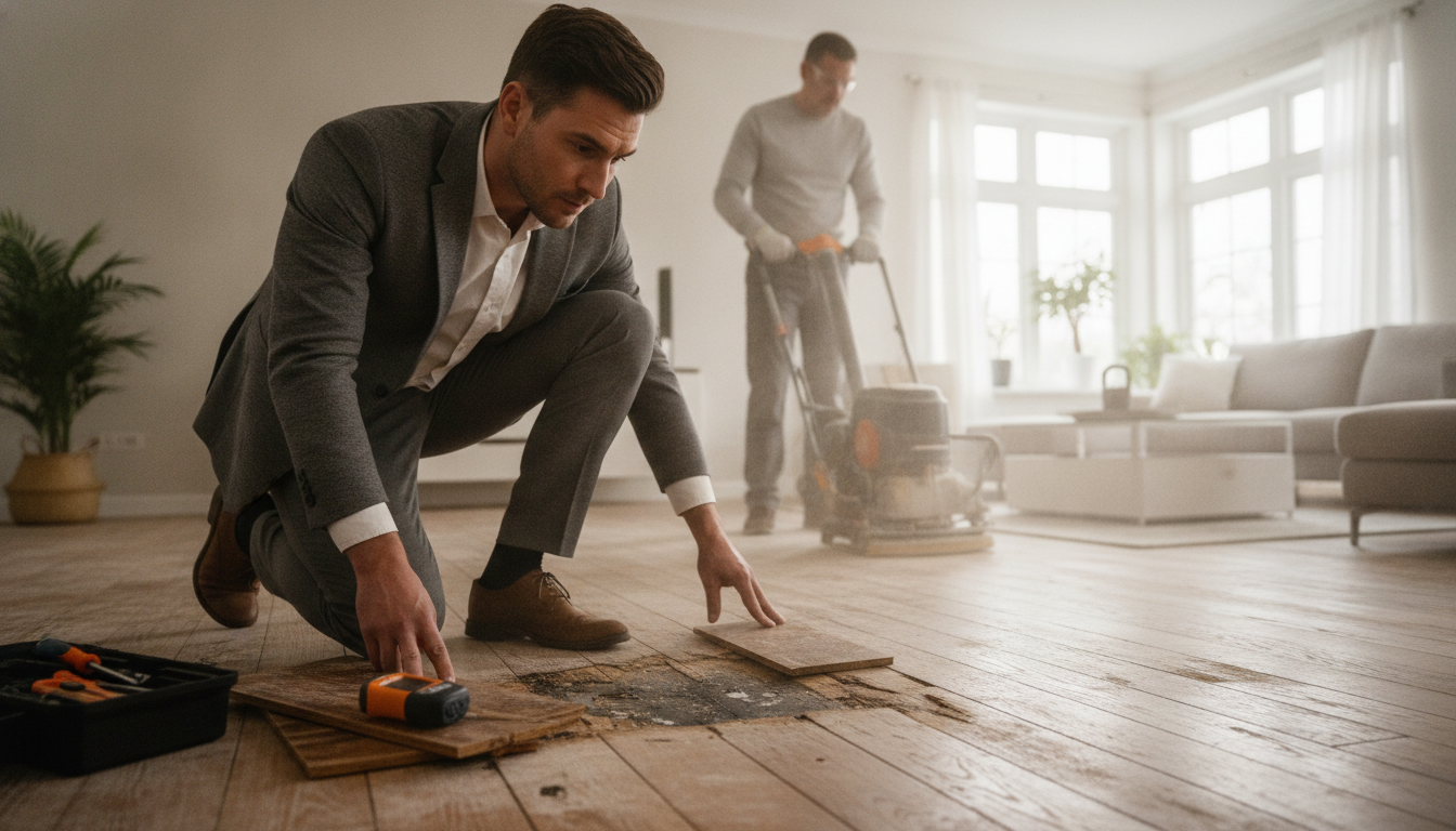 A close-up view of a professional in business attire kneeling on a hardwood floor, carefully inspecting water damage. The foreground shows tools like a moisture meter and wooden planks, indicating repair work in progress. In the middle ground, the technician is using a floor sander, with visible dust particles illuminated by soft ambient lighting, highlighting the focus on restoration. The background features a bright, well-lit living room with natural light streaming through a window, creating an inviting atmosphere. Overall, the image conveys a sense of diligence and professionalism, illustrating the importance of quickly addressing water damage to hardwood floors.