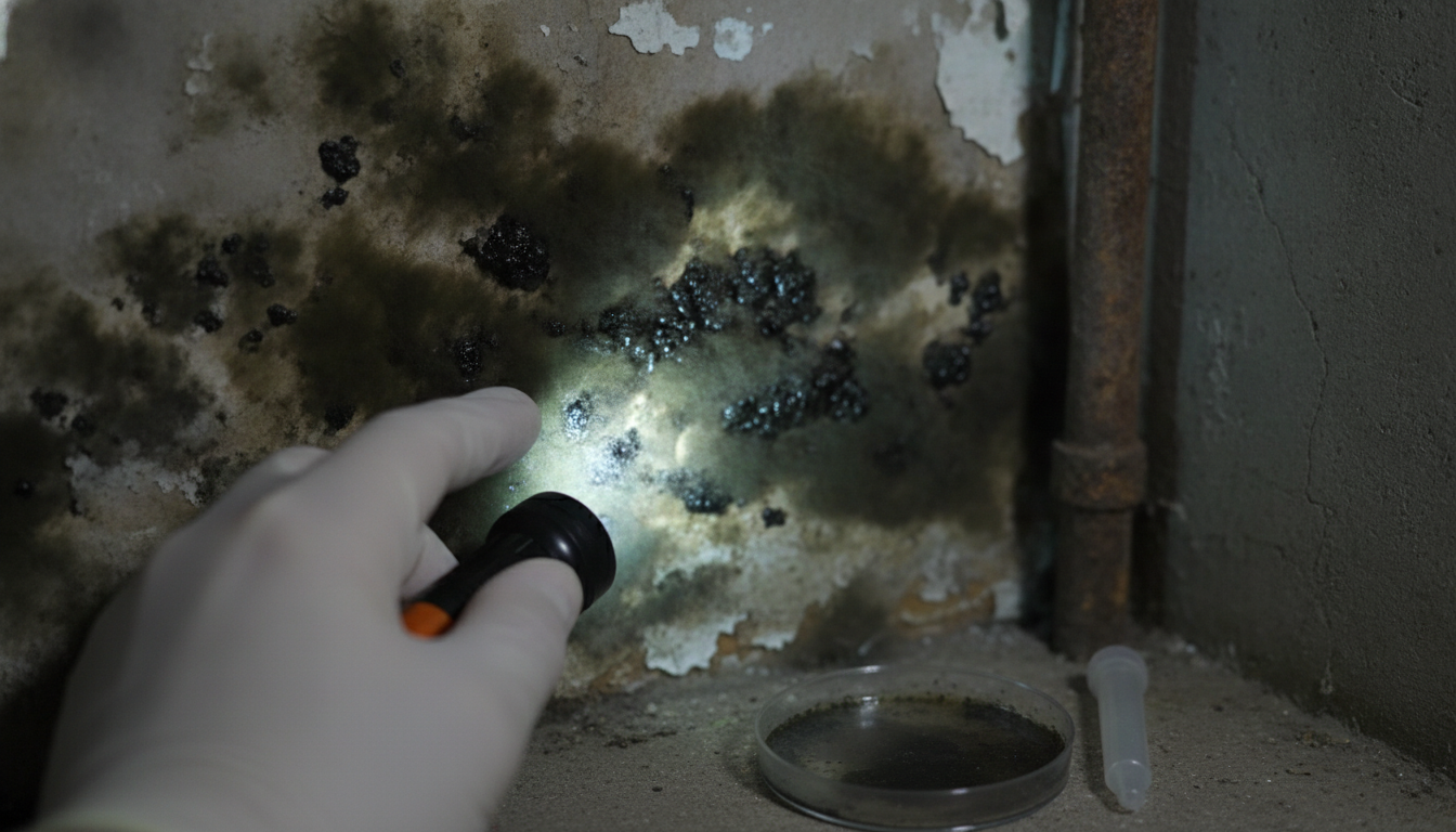 A close-up view of black mold spores growing on a damp wall, showcasing the details of their texture and color variations. In the foreground, an action shot captures a hand wearing a safety glove inspecting the mold, indicating concern. In the middle ground, a small container with a petri dish hints at mold testing. The background is softly blurred to eliminate distractions, but faintly suggests a basement or poorly ventilated area, with dim, moody lighting emphasizing a warning atmosphere. The overall tone conveys unease and caution, highlighting the potential dangers of black mold. The scene is illuminated by a cool, diffused light source that adds depth to the textures.