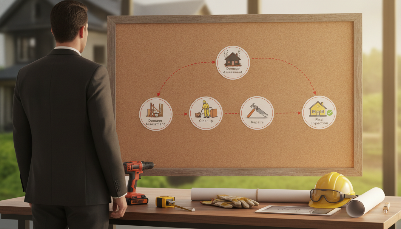 A detailed illustration depicting a fire restoration timeline overview. In the foreground, a professional in a business suit is examining a series of visual timeline markers pinned to a corkboard, showcasing different stages of fire restoration, including damage assessment, cleanup, repairs, and final inspection. In the middle ground, a clean, bright workspace is filled with construction tools and safety gear, emphasizing meticulous planning and organization. The background features a soft-focus image of a recently restored home, highlighting the contrast between before and after stages. Lighting is warm and inviting, creating a hopeful atmosphere that reflects rebirth and renewal. The image should convey a sense of professionalism, diligence, and the structured approach to fire restoration without any text elements or distractions.