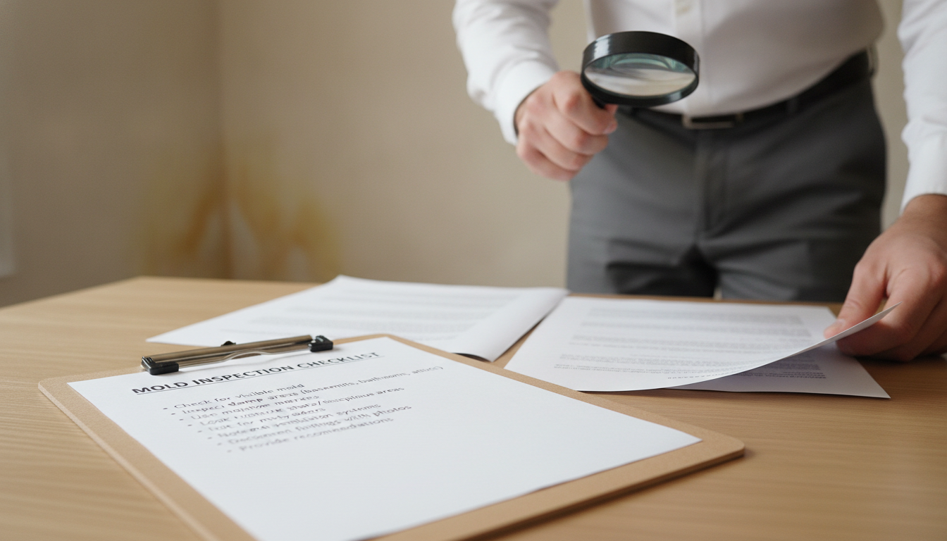 A detailed mold inspection checklist displayed prominently in the foreground, featuring bullet points such as "Check for visible mold," "Inspect damp areas," and "Use moisture meter." The checklist is artistically presented on a clipboard made of wood, resting on a clean, well-lit surface. In the middle ground, a person wearing a professional business attire, such as a shirt and trousers, is thoughtfully examining mold-related documents, with a magnifying glass in hand. The background includes a neutral-colored wall with subtle signs of moisture, like water stains, to enhance the context. Warm, natural lighting casts soft shadows for depth, and a shallow depth of field blurs the background slightly, focusing the viewer’s attention on the checklist. The overall atmosphere conveys professionalism, diligence, and attention to detail.