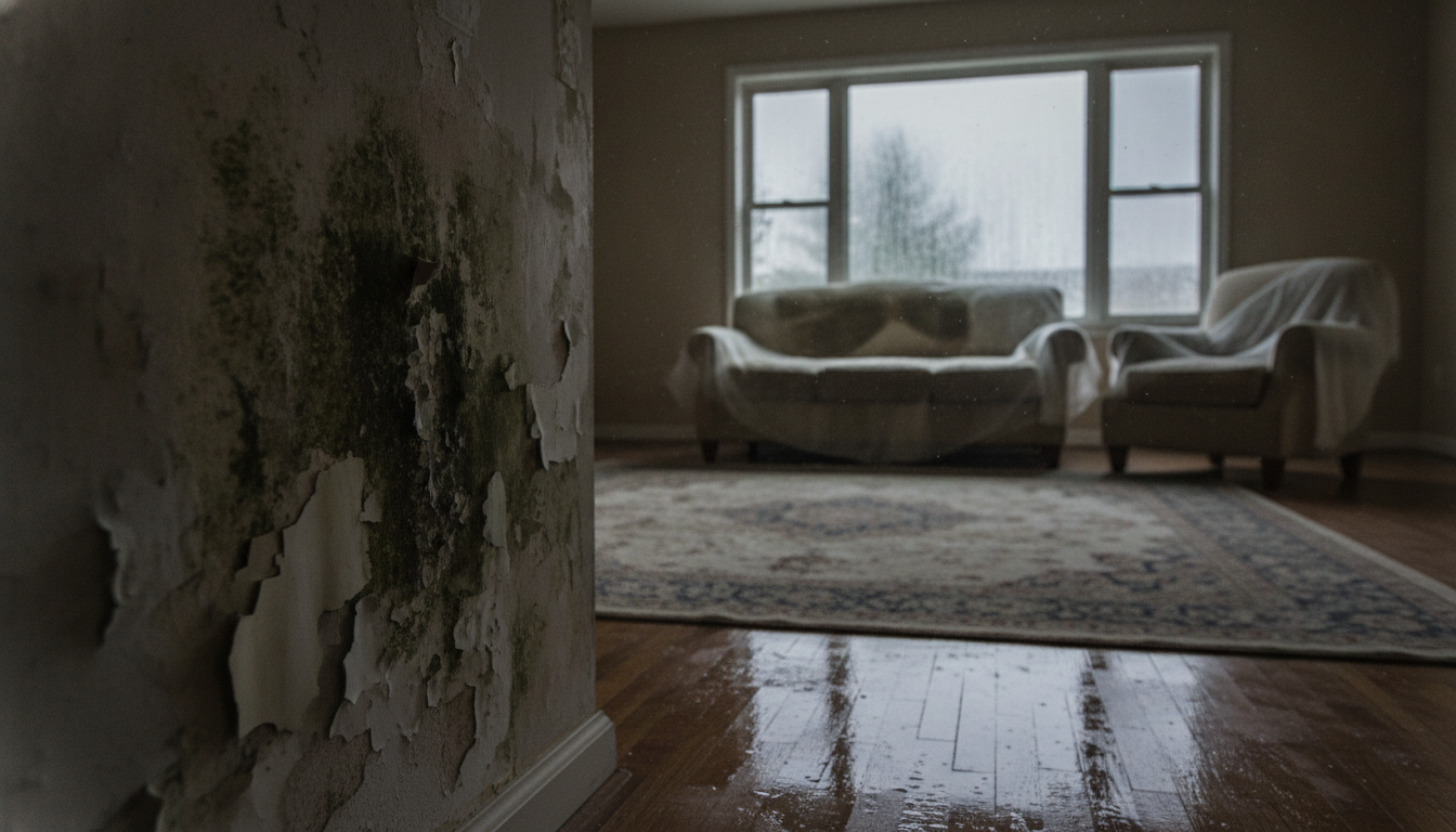 A detailed overview of water damage in a residential setting. In the foreground, a close-up of peeling paint and moldy drywall, highlighting the effects of untreated water damage. In the middle ground, a living room with water-stained furniture and a soaked carpet, showcasing the extent of deterioration. The background features a window with rain pouring outside, casting a somber light on the scene, enhancing the mood of neglect. Use natural lighting to create shadows that accentuate the damage, captured from a low angle to emphasize the scale of the issue. The atmosphere should feel heavy and cautionary, conveying the urgency of addressing water damage before it worsens.