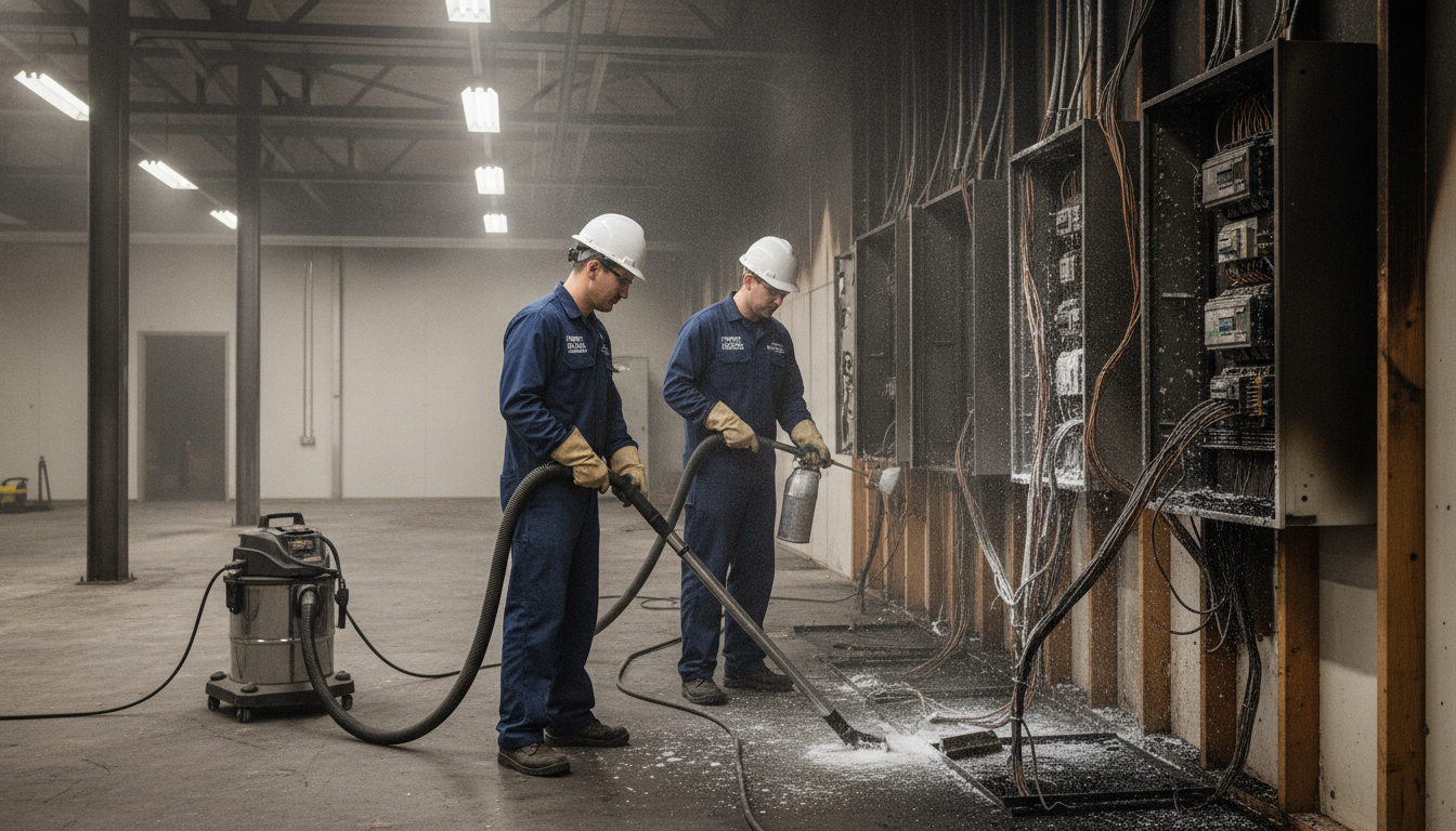A professional electrical fire cleanup service in action, depicting a team of two technicians in neat uniforms, wearing hard hats and gloves, diligently cleaning up an industrial space after an electrical fire. In the foreground, the technicians are using specialized equipment, such as vacuum cleaners and chemical sprays, to remove soot and debris. The middle ground shows remnants of charred wiring and damaged electrical panels, while the background features a partially burned room with exposed beams and smoke stains. The lighting is bright and clinical, with overhead fluorescent lights illuminating the scene, creating a sense of urgency and professionalism. The atmosphere is one of diligence and hope as the team works to restore the space safely and effectively.