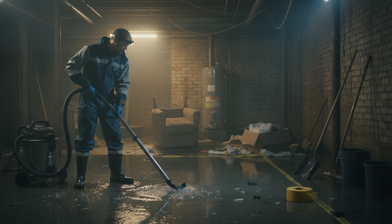 A professionally organized flooded basement scene illustrating cleanup services. In the foreground, a well-dressed technician in a durable work outfit carefully removes debris with a wet vacuum. The middle layer features waterlogged furniture and tools scattered around, emphasizing the chaos of the flooding. In the background, a dimly lit basement with exposed bricks and utility pipes, reveals signs of damage, while water sits on the floor reflecting soft, overhead lighting. The atmospheric mood is one of urgency yet professionalism, with hints of determination in the technician's demeanor. The image captures the essence of a quick restoration process as the technician diligently works to return the space to its original condition.