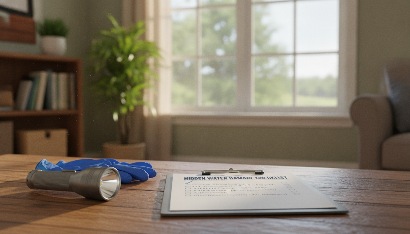 A well-organized checklist titled "Hidden Water Damage Checklist" displayed prominently on a wooden table in a well-lit, cozy home environment. The checklist is neatly presented on a clipboard, with bullet points detailing specific areas to inspect, such as ceilings, walls, and plumbing fixtures. In the foreground, a pair of protective gloves and a flashlight lay beside the clipboard, emphasizing preparedness. The middle ground features a large window allowing natural light to flood the room, enhancing the warmth of the wooden table and creating a welcoming atmosphere. The background includes soft-focus shelves with home maintenance books and a plant, adding to the domestic feel. The color palette is a blend of warm earth tones, promoting a sense of safety and awareness.