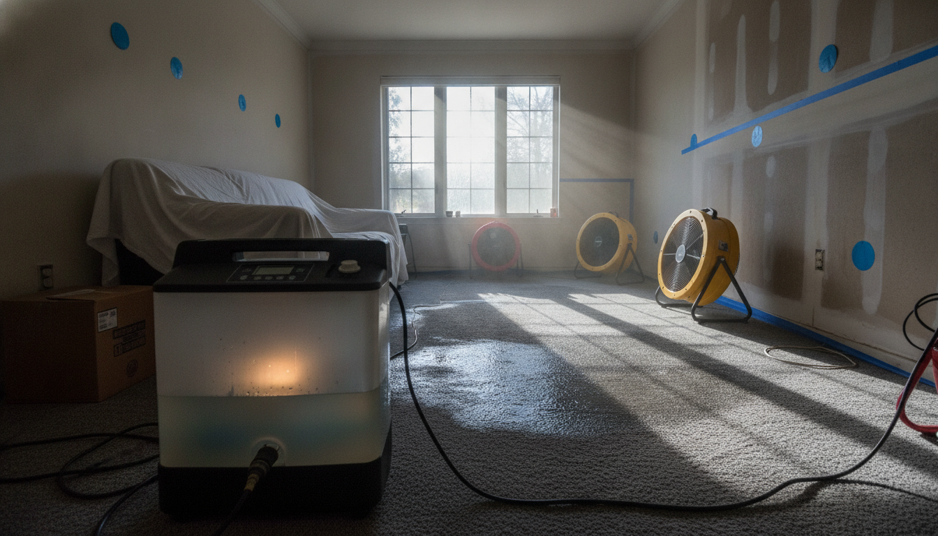 Water damage drying equipment in a residential setting, featuring a professional-grade dehumidifier and powerful blower fans actively drying a water-damaged room with wet carpets and walls. The foreground shows the dehumidifier with water collection tank illuminated by soft lighting, while the middle ground includes several high-velocity fans positioned around the room. The background features damp walls, with visible moisture indicators, and sunlight streaming through a window, enhancing the urgency of the scene. The atmosphere conveys a sense of hope and efficiency, illustrating the effectiveness of water damage restoration tools. The image should be shot from a slight angle, using a wide-angle lens to capture the entire space clearly and maintain focus on the drying equipment.