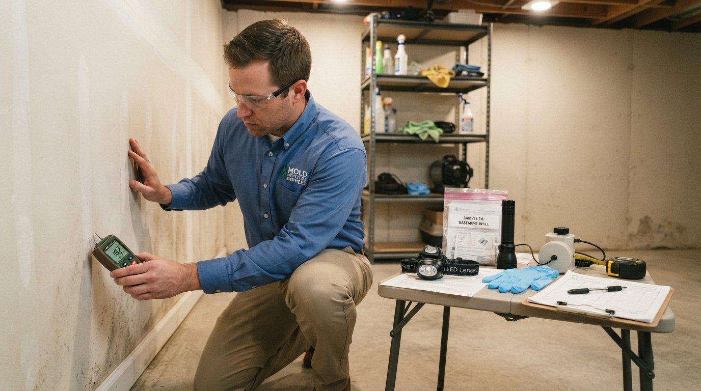 A professional mold inspector in a clean, well-lit residential basement, examining a wall with a moisture meter. The foreground features the inspector in a blue button-up shirt and khaki pants, kneeling to closely inspect the area. In the middle ground, various mold inspection tools are displayed, including a flashlight, sample collection bags, and gloves, creating an organized yet busy workspace. The background presents shelves with cleaning supplies and faint signs of mold growth on the walls, enhancing the context of the inspection. Warm overhead lighting casts soft shadows, creating a serious and focused atmosphere. The camera angle is slightly low, emphasizing the inspector’s thoroughness, capturing the essence of professionalism in mold inspection.