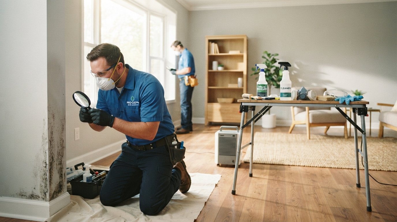 A professional mold removal service team at work in a bright, modern home. In the foreground, a technician in a blue uniform carefully examines a wall with visible mold growth, holding a magnifying glass. The middle features essential tools like spray bottles and protective gear neatly arranged on a workbench. In the background, sunlight pours through a window, illuminating a clean and freshly restored living space with minimal furniture. The atmosphere is calm and reassuring, conveying trust and professionalism. The image should be captured with a soft focus lens, with a warm color palette to evoke a sense of safety and comfort.