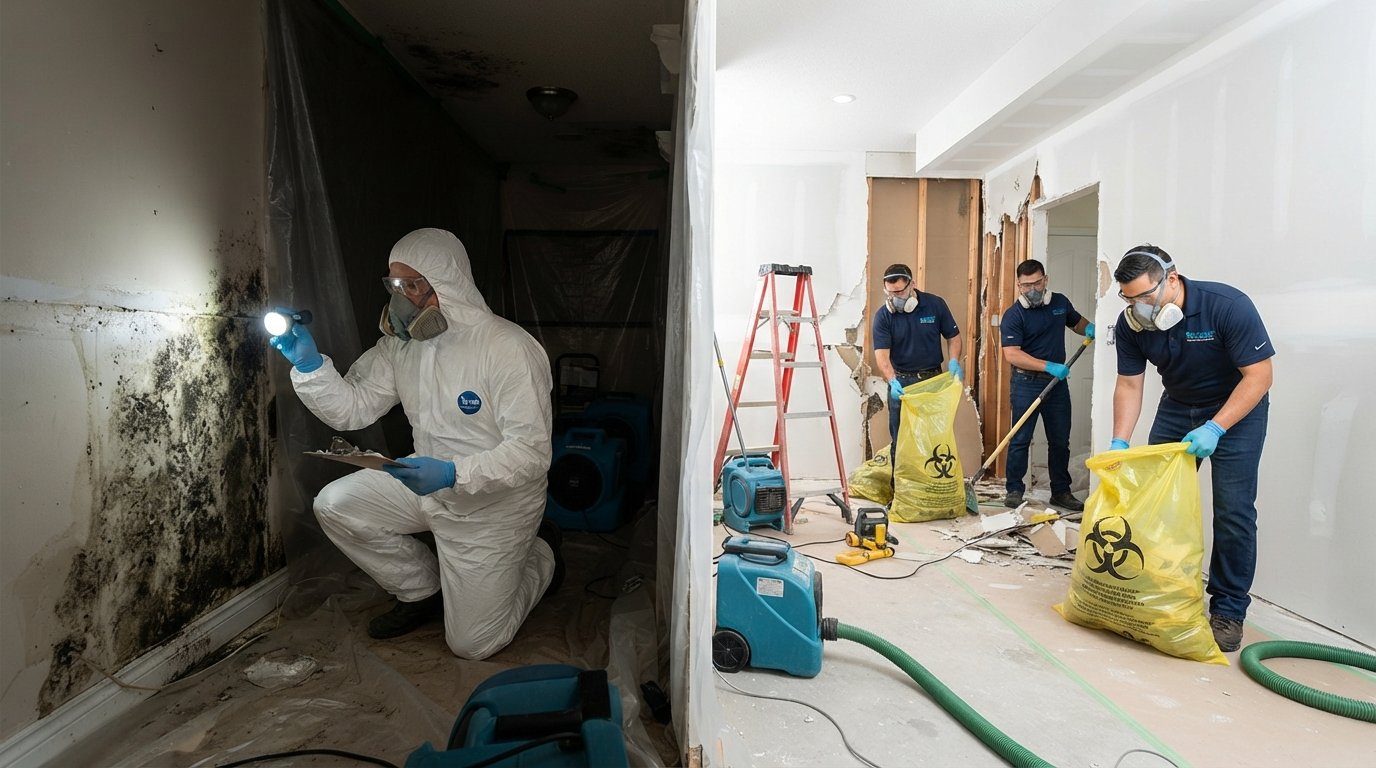 A side-by-side comparison image illustrating mold remediation and removal processes. In the foreground, on the left, depict a professional wearing protective gear, carefully inspecting walls and surfaces for mold with a flashlight, highlighting the details of the mold growth. On the right, show a team wearing professional attire, actively removing contaminated materials, emphasizing teamwork and safety protocols. In the middle background, illustrate a clean, bright space transitioning from a mold-infested area to a sanitized environment, demonstrating the contrast between the two methods. Soft, clear lighting enhances the distinct sections, while the overall atmosphere conveys a sense of professionalism and diligence in tackling mold issues effectively. Use a wide-angle lens to capture the complete scene.